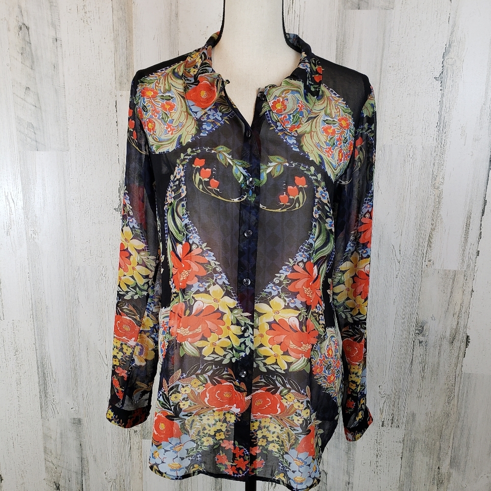 Cabi Sheer Floral Button Front Top Sz S